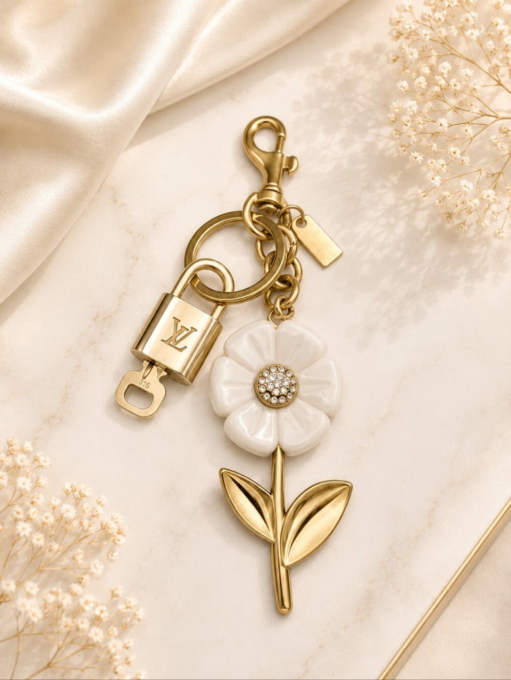 Authentic Louis Vuitton Lock & Key with Unbranded Flower Charm, Keychain